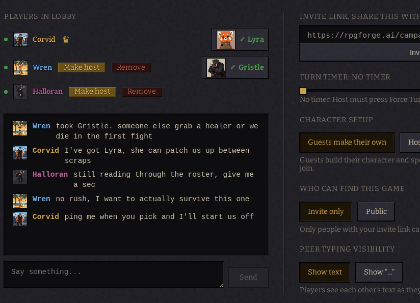 An RPG Forge lobby: three players, two readied with characters, talking before the game starts